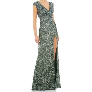 Mac Duggal Emerald Green Sequin V-Neck Evening Gown with Thigh Slit